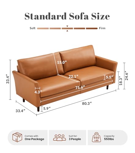 80" Faux Leather Sofa Couch, Mid Century Modern Leather Couch with Rolled Arms and Deep Seats, Brown Leather Sofa for Living Room, 3-Seater Couch for Apartment, Office and Bedroom, Mid Brown - color: Mid Brown, size: Standard