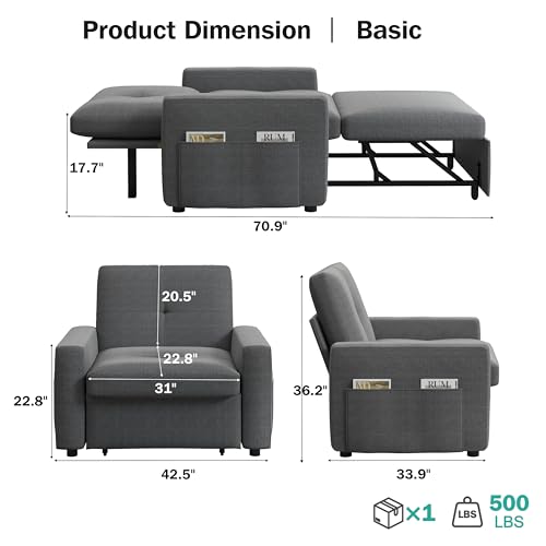 Sunny Heart 40" W Oversized Sleeper Chair Bed, 3-in-1 Convertible Reclining Sofa Chair with Pull Out Couch Bed, Adjustable Backrest, Side Pockets, Cup Holder, USB Ports & Side Table, Basic Dark Grey - color: Dark Grey, size: 40 inch