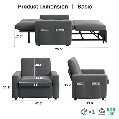 Sunny Heart 40" W Oversized Sleeper Chair Bed, 3-in-1 Convertible Reclining Sofa Chair with Pull Out Couch Bed, Adjustable Backrest, Side Pockets, Cup Holder, USB Ports & Side Table, Basic Dark Grey - color: Dark Grey, size: 40 inch