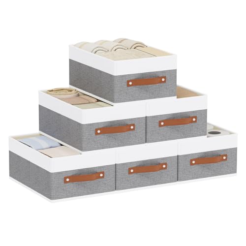 Storage Bins Organizers,13×9.1×5.5In,White/Grey Boxes,6Pack | Clothing Storage Baskets,Fabric Closet Organizer,Foldable Containers with PP Plastic Board,Large Cubes for Clothes,Hat,Books - color: White/Grey, size: Medium -6 Pack