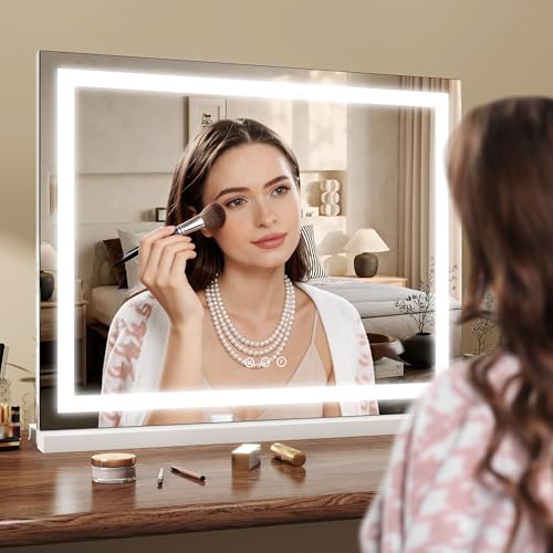 ROLOVE 23x18 Inch Makeup Mirror with Lights, Detachable Magnifier | LED Vanity Mirror, 3 Color Modes, Stepless Dimming, Touch Control, Plug-In Power, Horizontal Wall Mount or Tabletop Use - color: White, size: 23"L x 18"W