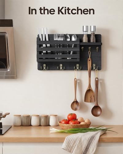 Key Holder Wall Mount, 16 Inch Pre-Assembled Key Hooks Rack with Shelf & Mail Holder for Wall, Wood Walls Organizer for Entryway, Living Room, Black - color: Black