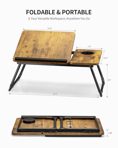 FISYOD Foldable Laptop Desk for Bed Couch, Adjustable Split Lap Desk with Cup Holder, Portable Lightweight Bed Table Tray, Heavy-Duty Laptop Stand for Working, Writing, Reading and Eating - Brown - color: Brown