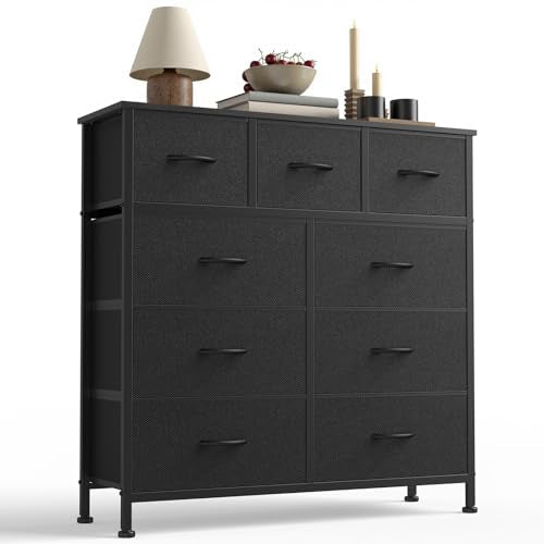 Sweetcrispy 9-Drawer Fabric Dresser Storage Tower with Wood Top, Black | Sturdy Steel Frame with Wood-top, Easy-pull Handle, Space-Saving Organizer Chest for Bedroom, Closet, Lightweight and Stable - color: Black, size: 11.8"D x 39.6"W x 39.8"H (9 Drawers