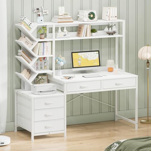 52" Computer Desk with Bookshelf, 5 Drawers ＆ Hutch for Bedroom | White Office Desk with Printer Shelf, Study Writing Desk with Storage Shelves - color: White