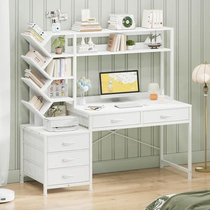 52" Computer Desk with Bookshelf, 5 Drawers ＆ Hutch for Bedroom | White Office Desk with Printer Shelf, Study Writing Desk with Storage Shelves - color: White