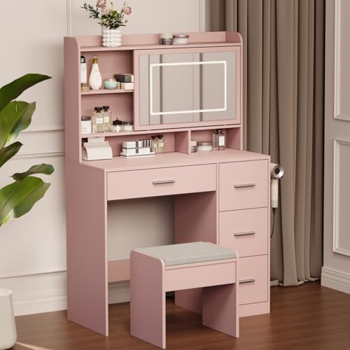 Viaozutis Vanity Desk with a Mirror and Lights，with Chair and Four Drawers, Three Adjustable Lighting Modes，with Power Outlet and Sliding LED Mirror,Bedroom Vanity Desk (Pink) - style: Pink