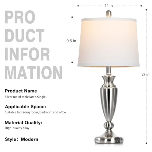 Rinweey 27" Silver Table Lamps for Living Room Single, 3 Way Touch Control Bedside Lamps with USB A+C Ports, Modern Brushed Nickel Bedroom Lamp, Metal Tall Lamp for Nightstand Desk Side Table Office - color: Silver-27"H-1PK