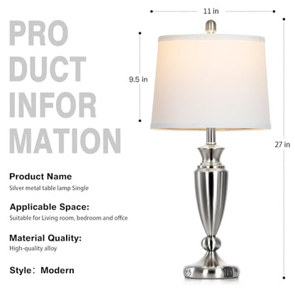 Rinweey 27" Silver Table Lamps for Living Room Single, 3 Way Touch Control Bedside Lamps with USB A+C Ports, Modern Brushed Nickel Bedroom Lamp, Metal Tall Lamp for Nightstand Desk Side Table Office - color: Silver-27"H-1PK