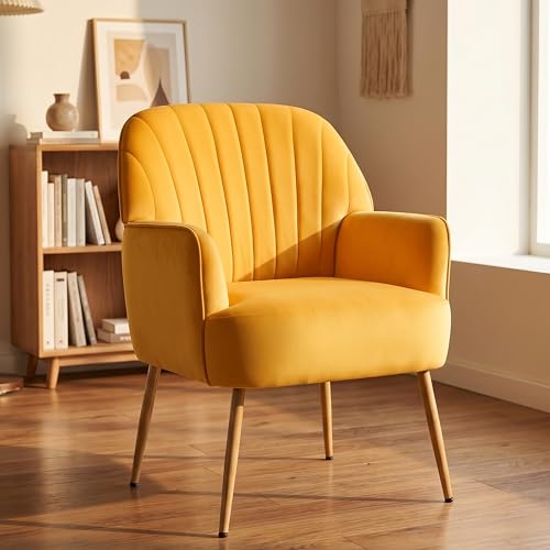 Velvet Accent Chair with Armrest, Modern Curved Back Barrel Chair, Soft Cushion Single Sofa for Living Room Bedroom Office Cafe Yellow - color: Yellow