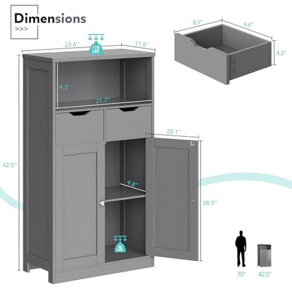 Vongrasig Bathroom Storage Cabinet, 42.5" H Freestanding Floor Cabinet | Wooden Modern Cabinet with 2 Drawers, Open Shelf and Adjustable Shelf for Bathroom, Laundry Room and Entryway, Grey - color: Grey