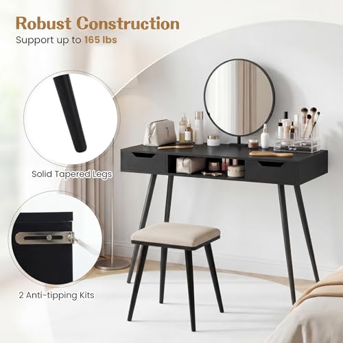 GIANTEX Mid Century Modern Computer Desk with Drawers, 42.5" Writing Desk with Open Storage Cubby, Vanity Table with Metal Leg, Compact Wooden Study Table for Small Spaces Home Office (Black) - color: Black