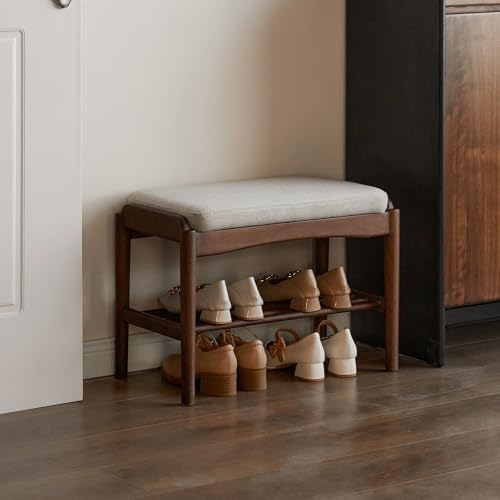 Black Walnut Shoe Bench Assembled, Solid Wood Shoe Rack Bench with Cushion for Entryway, Living Room, Bedroom, Hallway, 11.8" x 23.6" x 16.5" - color: Grey Cushion, size: 23.6"W
