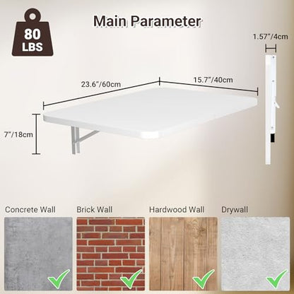 Neoaider Wall Mounted Folding Desk 23.6” x 15.7”, White | Drop Down Table with Metal Collapsible Brackets, Folding Wall Table for Small Spaces, Home, Office, Kitchen, Laundry Room - color: White, size: 23.6" x 15.7"