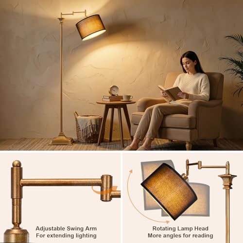 Scenekoy 68” Floor Lamp with Remote for Living Room Bedroom, Antique Gold | 350ºAdjustable Swing Arm Standing Lamp, Stepless Brightness, Black Shade, Decor for Reading House Home Office, Bulb Included - style: Antique Gold