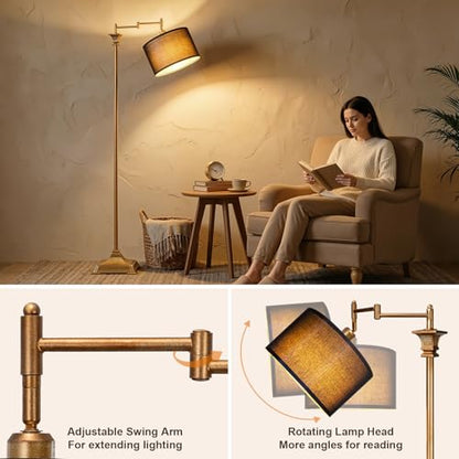 Scenekoy 68” Floor Lamp with Remote for Living Room Bedroom, Antique Gold | 350ºAdjustable Swing Arm Standing Lamp, Stepless Brightness, Black Shade, Decor for Reading House Home Office, Bulb Included - style: Antique Gold