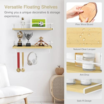 Forbena Natural Wood Bathroom Floating Shelves for Wall Set of 2, Light Wood Wall Shelves with Rail for Bathroom Nursery Office (Natural Wood and White) - color: 9. Natural Wood