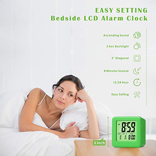 Plumeet Digital Alarm Clock Kids with Snooze and Nightlight - Easy Setting Silicone Clock Display Time, Date - Loud Alarm Clock for Bedroom - Battery Powered (Green) - color: Green