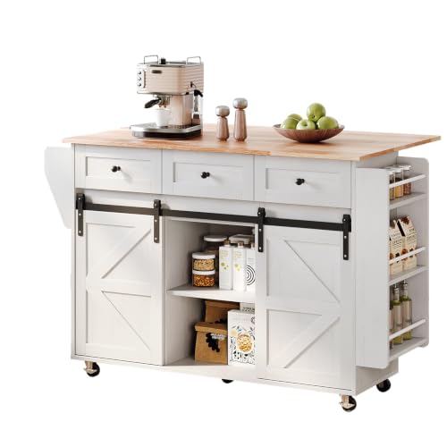 VINGLI Kitchen Island with Storage, 52" Rolling Kitchen Cart with 3 Drawers & Shelves, Drop Leaf Design, Mobile Island with Barn Sliding Doors, Towel & Spice Rack for Kitchen & Dining, White - color: White-sliding Barn Door