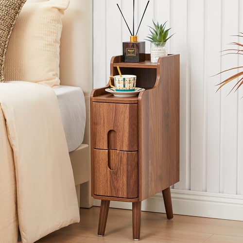 Narrow Nightstand Set of 2, Wood 2 Drawer Small Nightstand, Slim Side Table, Modern Skinny End Bedside Table, Natural Wood Night Stand with Drawers for Bedroom (Walnut-2 pcs) - color: Walnut-2 Pcs