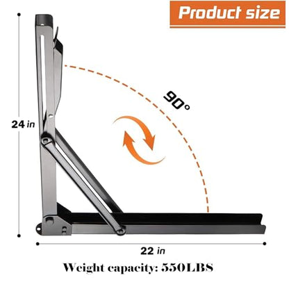 24 inch Black Sturdy Folding Shelf Brackets, Heavy Duty Adjustable Steel Wall Mounted Collapsible Shelf Bracket, Max Load 550lb - style: 4 PACK