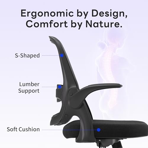 amseatec Ergonomic Mesh Desk Chair with Flip-Up Arms, Supports 300 lbs | Aerospace-grade frame, Mesh & 3" foam seat. 90-110° rocking, height adjustable, 360° swivel. - color: Black