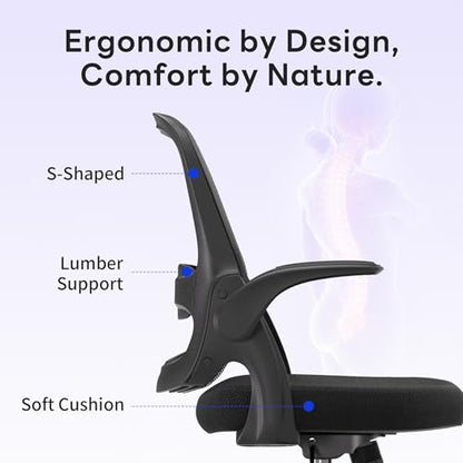 amseatec Ergonomic Mesh Desk Chair with Flip-Up Arms, Supports 300 lbs | Aerospace-grade frame, Mesh & 3" foam seat. 90-110° rocking, height adjustable, 360° swivel. - color: Black