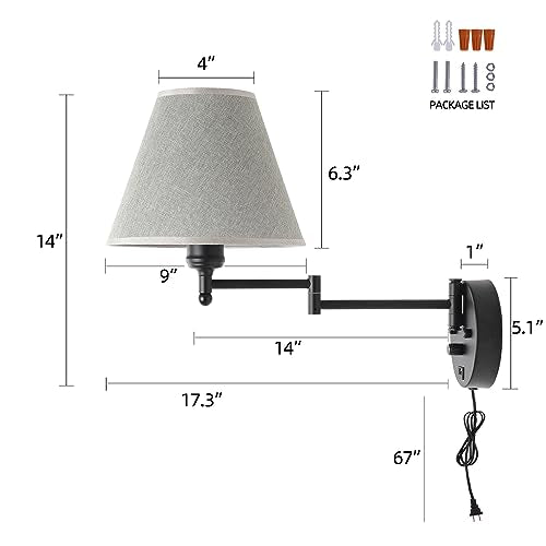 Swing Arm Wall Lamp.Wall Mount lamp with Dimmable Switch.Plug in Wall Sconces with USB Charging Port. Black Sconces Wall Lighting Suitable for Bedroom,Living Room. - color: Black