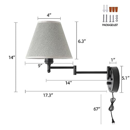 Swing Arm Wall Lamp.Wall Mount lamp with Dimmable Switch.Plug in Wall Sconces with USB Charging Port. Black Sconces Wall Lighting Suitable for Bedroom,Living Room. - color: Black