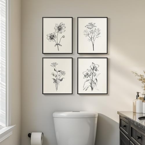 Framed Black and White Minimalist Floral Bathroom Wall Art, 4 Piece 8x10 In | Modern farmhouse wall decor, Flower botanical pictures, Waterproof canvas prints, Living room kitchen hallway bedroom decor - color: Sketch - Black Framed, size: 8" W x 10" H x
