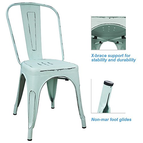 Devoko Metal Indoor-Outdoor Chairs Distressed Style Kitchen Dining Chairs Stackable Side Chair with Back Set of 4 (Blue) - color: Blue