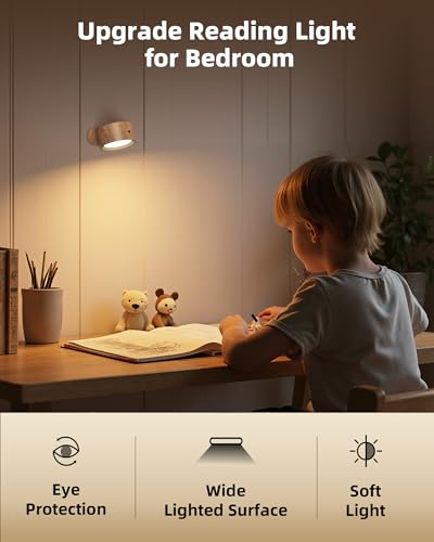 LED Wall Mounted Lights, Rechargeable Wall Sconces, 3 Color Temps, Remote & Touch, 360° Rotating and Dimmable for Bedroom, Bedside & Reading (Wood, 2 Pack) - color: Wood