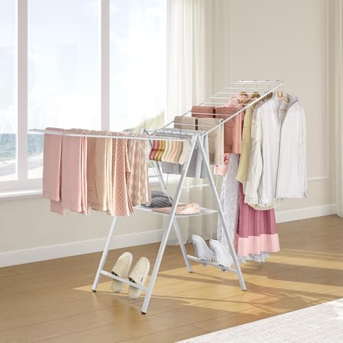 6 Height Adjustable Clothes Drying Rack with Shoe Slots, White | Pre-Assembled, Stable Load Structure, 22 Drying Rails, Foldable Space-Saving For Efficient Indoor & Outdoor Airflow Drying - color: White