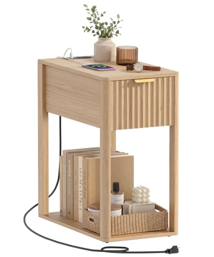Akxomel Narrow Nightstand with Charging Station Fluted Table Walnut | Wooden Slim Bedside Table, Mid-Century Modern Night Stand with Drawer and Open Shelf, Small Side End Table, for Bedroom - color: Natural Oak, size: 21.7"D x 11"W x 23.6"H