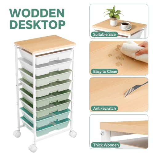 Ekisemio Utility Cart Organizers with Wheels and 8 Drawers, Little Rolling Craft Cart with Wooden Tabletop for Classroom, Office, Living Room, Craft Room, Green