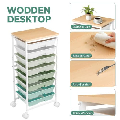 Ekisemio Utility Cart Organizers with Wheels and 8 Drawers, Little Rolling Craft Cart with Wooden Tabletop for Classroom, Office, Living Room, Craft Room, Green