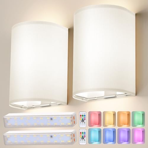 OCATO Wall Sconces Battery Operated Wireless Wall Sconces Set of Two | Battery Operated Magnetic Lamp Rechargeable Lights Dimmable with 16 RGB Walls Decor with Remote Timer for Bedroom Living Room - color: White