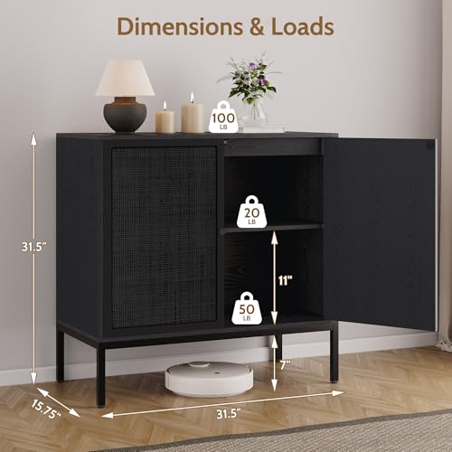 94.5" W Black Rattan Cabient, Boho Sideboard Cabinet with Natural Rattan Decorated Doors, Accent Cane Credenza Buffet Console Storage, for Living Room Entryway Kitchen, Metal Legs - color: Full Black, size: Square-3 pcs