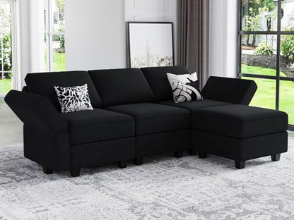Belffin Modern L Shaped Velvet Sectional Sofa with Chaise, Black, Storage, Adjustable Arm/Backrest - color: Black, size: L Shape Sofa