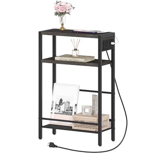 HOOBRO Small Narrow Side Table with Charging Station, Skinny End Table for Small Spaces, Slim Nightstand with USB Ports Outlet, Sofa Beside Table with Storage Shelf, Charcoal Black BC102UBZ01 - color: Charcoal Black + Black