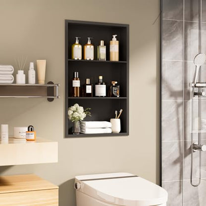14x24 Recessed Medicine Cabinet, Bathroom Wall Cabinet, 304 Stainless Steel Recessed Wall Niche with 3-Tiers Shelves, Matte Black - color: Matte Black, size: 14'' x 24''