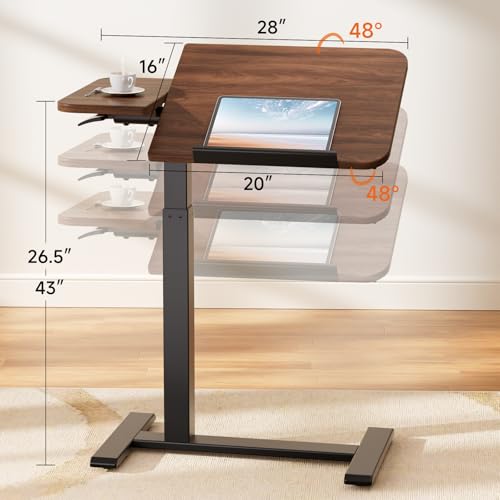 COMHOMA Tiltable Mobile Small Standing Desk, Pneumatic Adjustable Height Overbed Bedside Table with Wheels, Sit Stand Portable Rolling Laptop Desk Computer Workstations, Walnut - color: Walnut