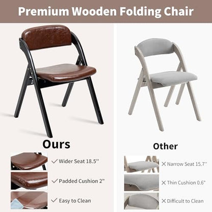 PU Folding Chairs with Padded Seats | Wooden Stackable Foldable Dining Chair Set of 2 Easy to Assemble Extra for Guests Kitchen Office Wedding - color: Black With Pu, size: 2PCS