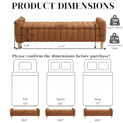 Aoiy & Wifon 63.4" W Large Storage Ottoman Bench, King Size End of Bed Storage Bench with Wood Legs, Upholstered Window Bench for Bedroom, Living Room, Entryway, Teddy Caramel - color: Teddy Caramel