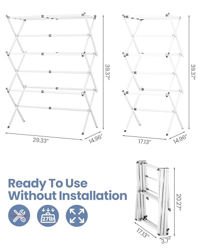 Oversize 3-Tier Clothes Drying Rack, No Install, White | Expandable Design, Non-slip feet, Tool-free Setup, Rust Prevention, Sturdy Construction, 14.9" D x 29.3" W, Holds 24lbs - color: White