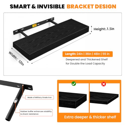 RICHER HOUSE 12 Inch Deep Floating Shelves, 36 Inch Long Wall Shelf, Black | Rustic Wood Wall Mounted Shelves, Bookshelf Set of 2 with Invisible Bracket for Display Bathroom Bedroom Kitchen Living Room - color: Black, size: 36in