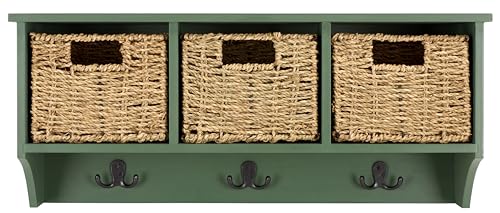 SAFAVIEH Home Collection - Finley Dusty Green Wall Mounted 3-Basket Storage Rack with Hooks & Seagrass Baskets (HAC5700G) - color: Dusty Green