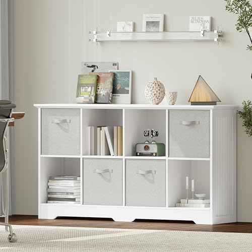 VORONOI 8 Cube Storage Organizer with 4 Fabric Drawers and Removable Shelves — Modular Cube Bookshelf for Bedroom, Living Room, or Home Office, Short Cube Bookcase for Toys, Decor,White - color: White, size: 8-Cube