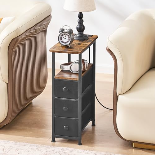 Narrow End Table with Charging Station, Narrow Side Table with Drawer, Small Nightstand with LED Light, Skinny Nightstand, Small Bedside Table for Living Room, Bedroom, Couch, Rustic Brown - color: Rustic Brown, size: 7.9" W x 18.9" D, style: Power + Ligh