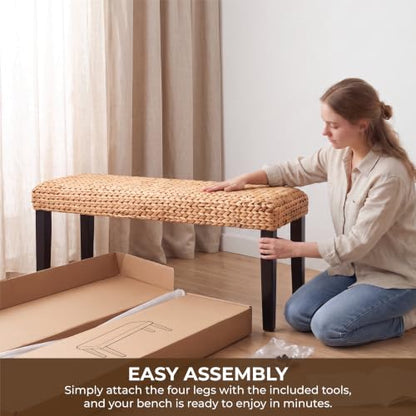 Solid Acacia Wood Entryway Bench with Water Hyacinth Woven Seat, Black Leg | Wicker Bench Indoor for Hallway, End of Bed, Rustic Farmhouse Boho Modern - color: Fishbone - Black Leg & Water Hyacinth